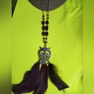 Silvertone owl wood beads feather necklace Earring set brown